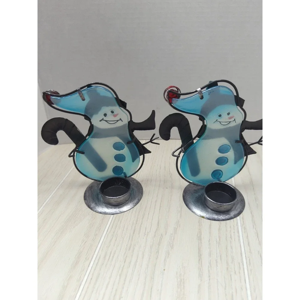 Blue white glass metal candy canes accents Snowman pair tea light candle holders